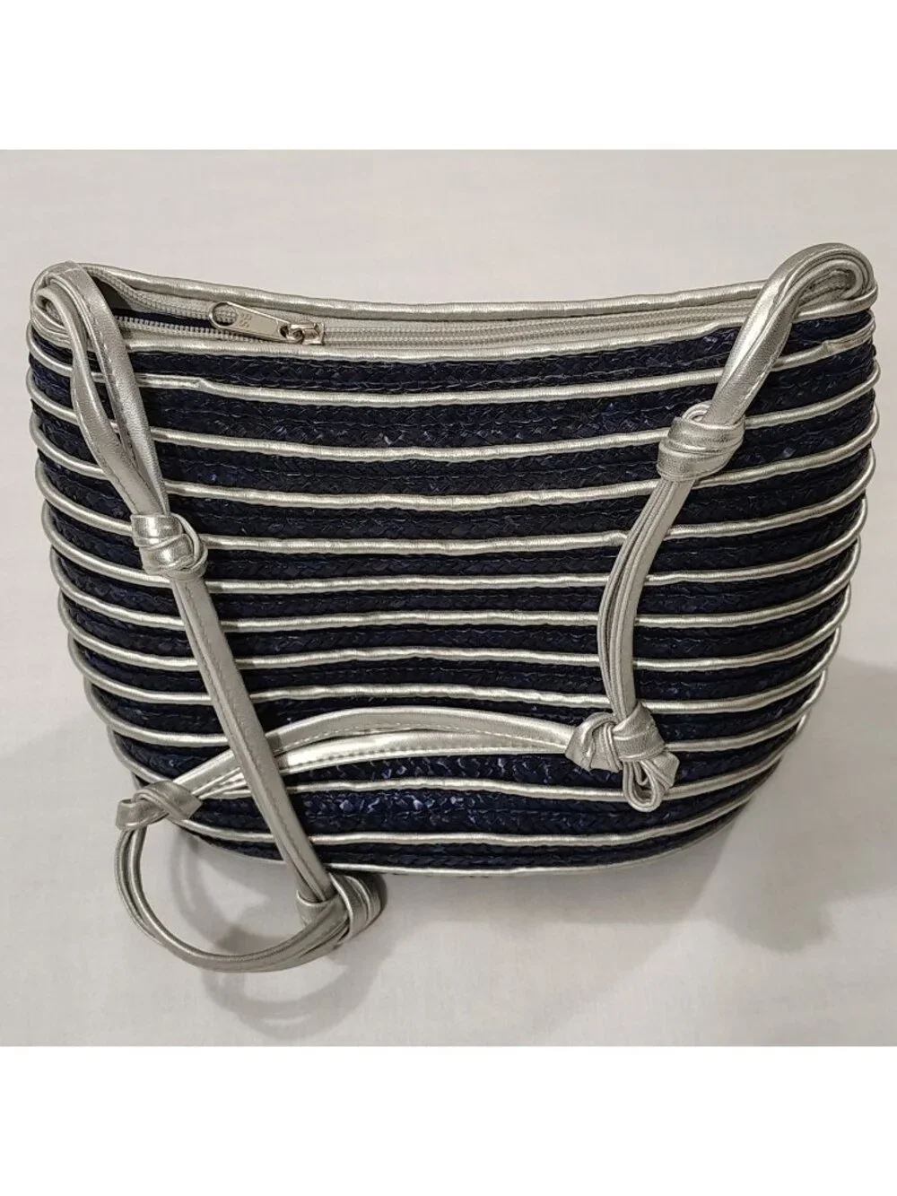Worthington Straw Woven Shoulder Bag Purse Handbag Blue Silver Stripe Lined - Picture 1 of 16